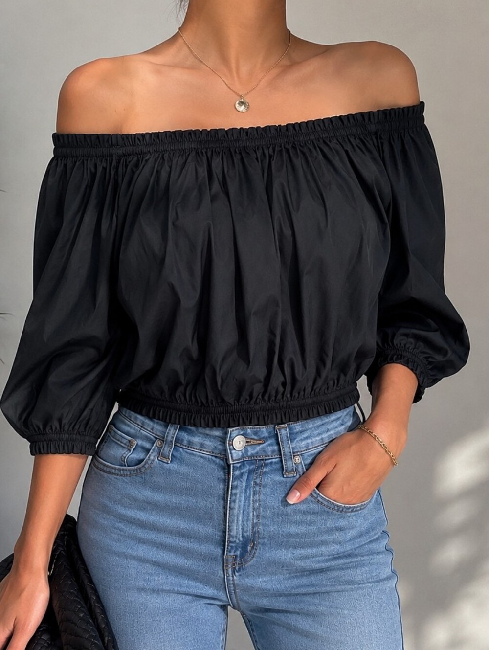 Kate Spade Off-Shoulder Smocked Waist Bubble Top - Black